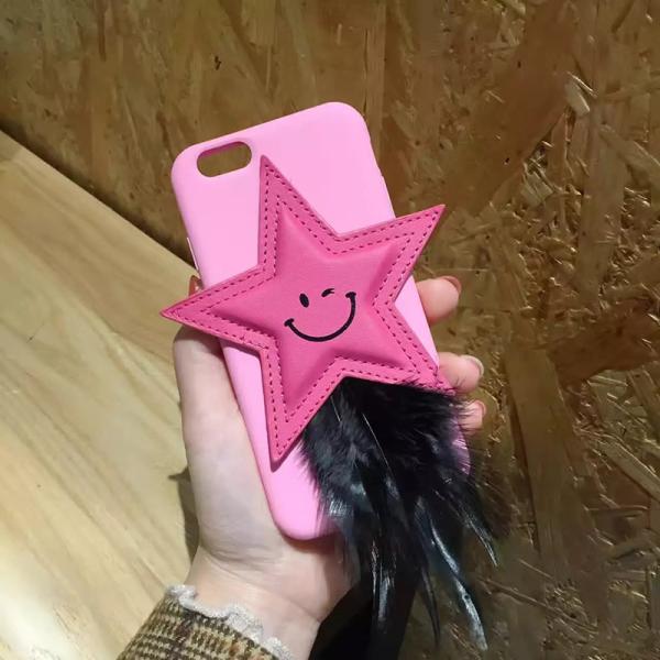 Korea Style PC & Cortical Star Shape Smile Face Camel Color Hair Tail Back Cover Cell Phone Case For iPhone 7 6s Plus