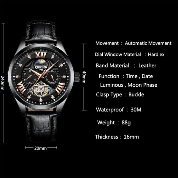 Black Luxury Mens Mechanical Watches Moonphase Automatic Watch