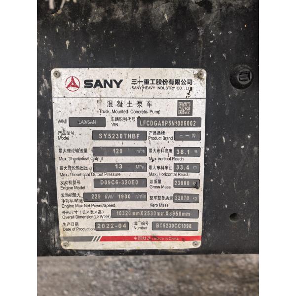 2022 SANY SY5230THBF 39m Used Concrete Pump Truck
