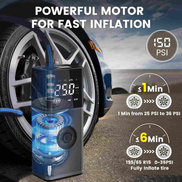 Cordless Digital Car Tyre Inflator 22mm Cylinder Double Power DC 12V 6000mAh