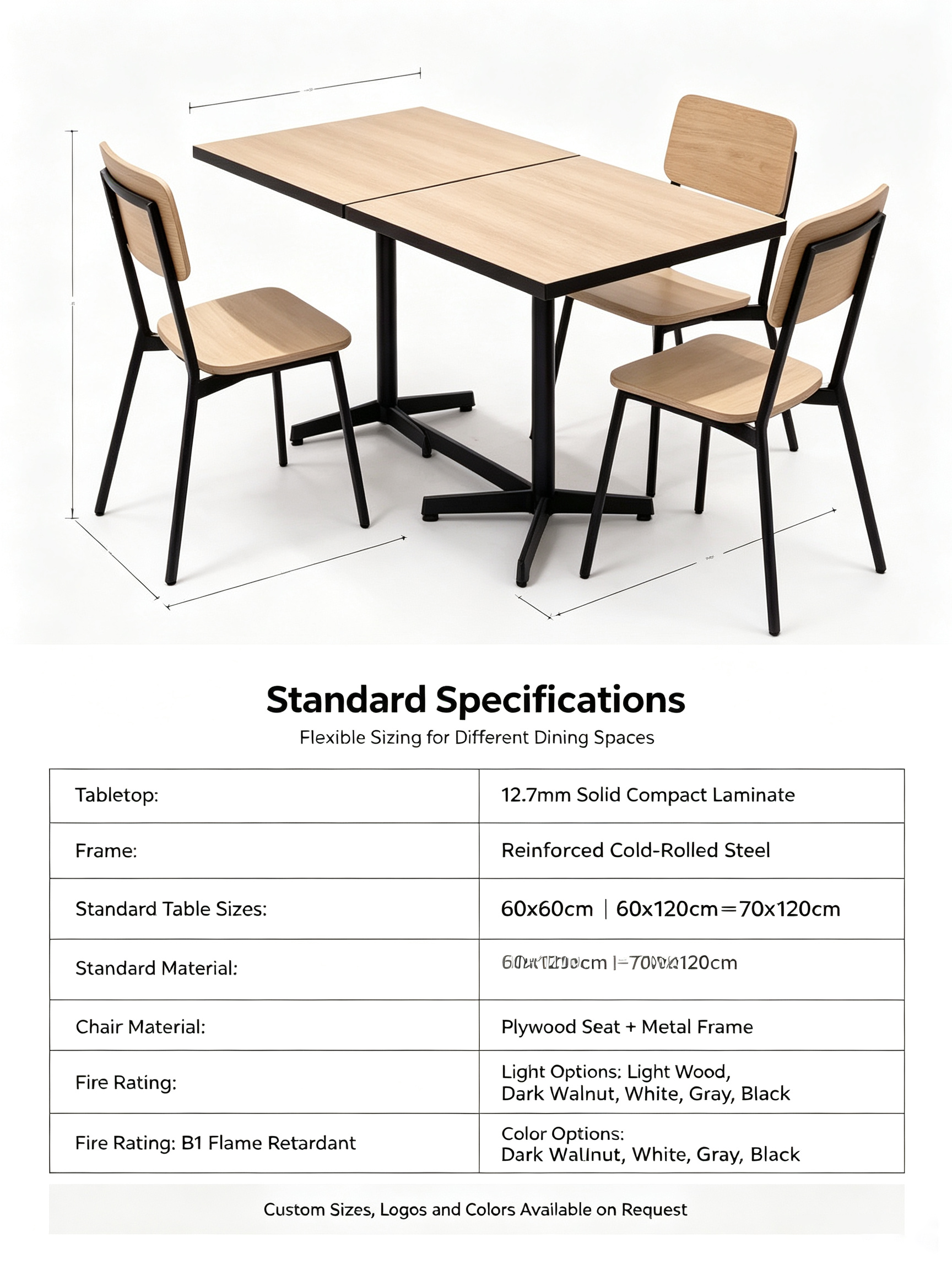 Commercial HPL Compact Dining Table and Chair Set, Waterproof Fireproof Anti-scratch Canteen Furniture for Restaurant Cafe School Hospital