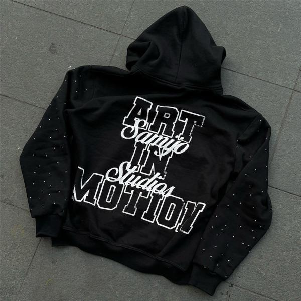 Custom Rhinestone Zip Up Hoodie 450 gsm Thick Heavy Weight Screen Printing Logo Streetwear Zipper Hoodies Men