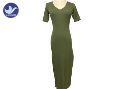 V Neck Short Sleeves Summer Womens Knitted Dresses Green Ribs Design Viscose Nylon