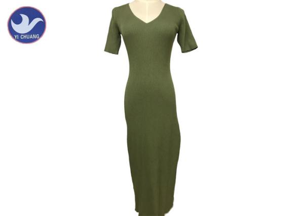 V Neck Short Sleeves Summer Womens Knitted Dresses Green Ribs Design Viscose Nylon