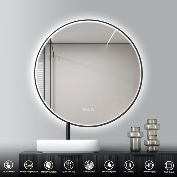 Luxury Circular Commercial Mirrors , Round Black Framed LED Bathroom Mirror