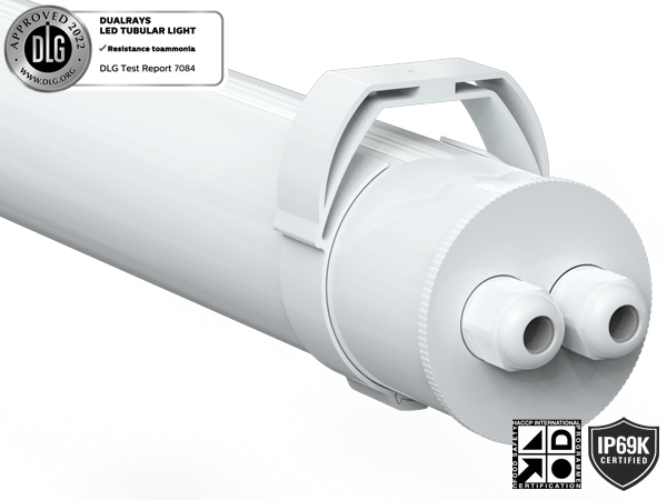 1.5m 60W IP69K IK10 TB7 LED Tubular Light for Chemical Facilities with 3 or 5 wiring-through linkable and DIP Switchable Power/3CCT/3-Phase Changing