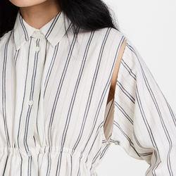                  Ladies Collared Neck Dresses Long Sleeve Side Pocket Cotton Striped Print Shirt Dress for Women             