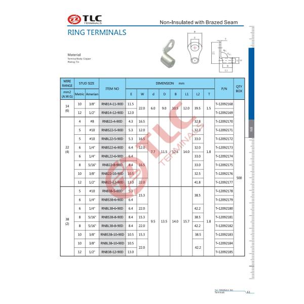 Copper Non Insulated Ring Terminals 105°C Temperature Rating Closed Barrel Type 4-38mm2 90D