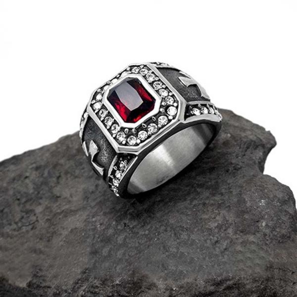 Vintage Inlay Mens Gothic Stainless Steel Band Ring with RED Cubic Zircon (SA566RED)