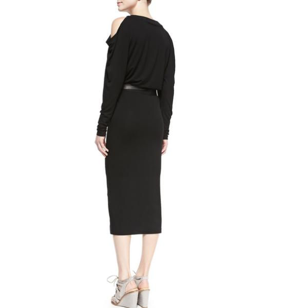 Long-Sleeve Cold-Shoulder Dress with Leather Belt