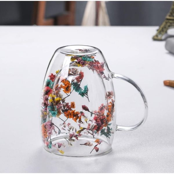 High Borosilicate Glass Cup Double Wall Dry Flower Glass Coffee Mug Heat Resistant