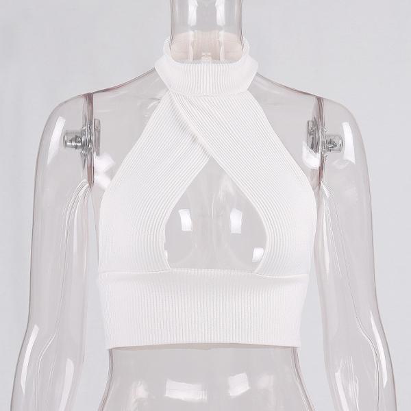 Open Back Sexy Twisted White Halter Neck Wrap Crop Top