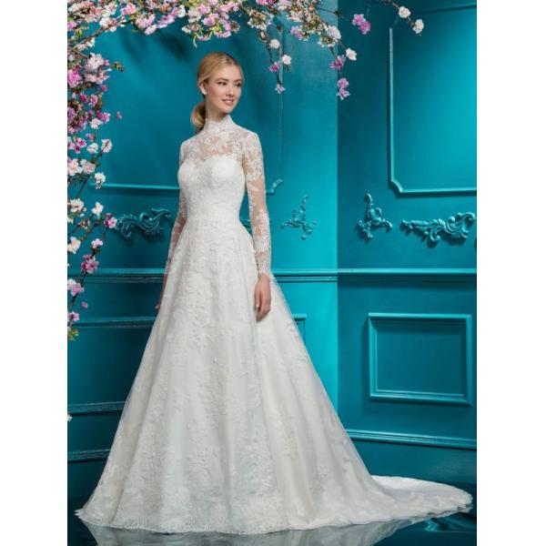 Elegant Plus Size High-neck Full-length Sleeve Court Train Zipper Ball Gown Bride White Lace Wedding Dress