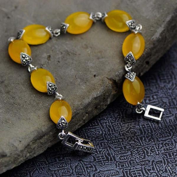 Thai 925 Vintage Sterling Silver Yellow Cubic Zircoina Tennis Bracelet (055728)