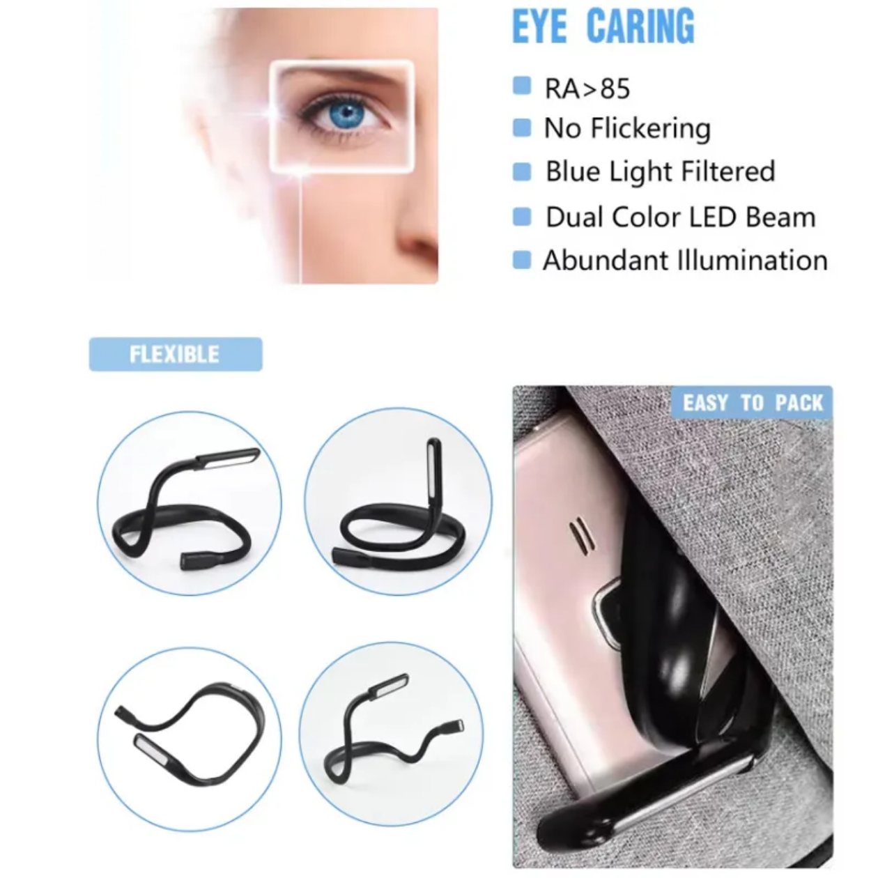Factory Direct Sales Night Reading LED Lighting Desk Lamp USB Charging Three Color Folding Double Head Hanging Neck Reading Lamp
