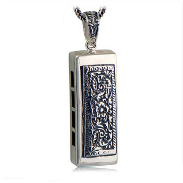 Retro Mens Sterling Silver Necklace with Mouth Organ Pendant and Wheat Chain (003817W)