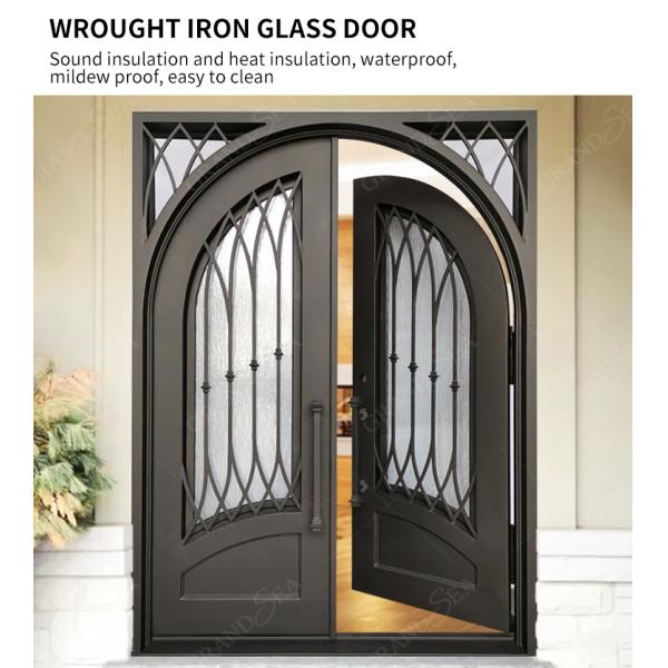 China Patio Single Pocket Double Door Main House Entry Entrance Wrought Iron Door with Elegant Decorative Design