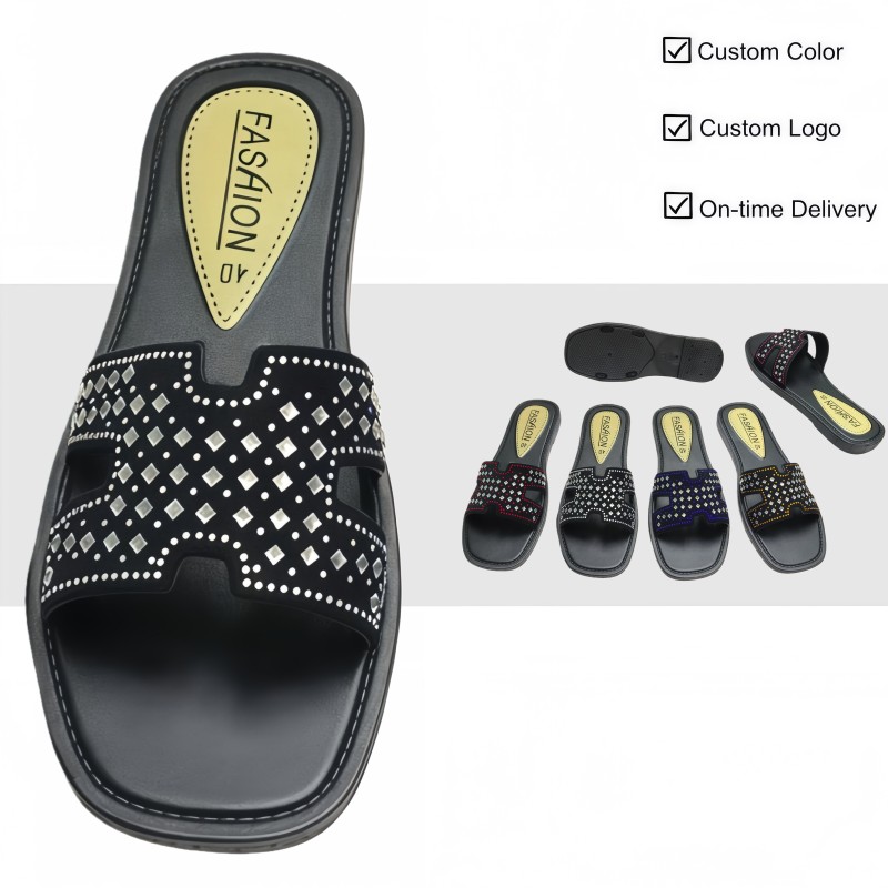 PVC Women H Cut Rhinestone Flat Slides | Factory Direct Wholesale