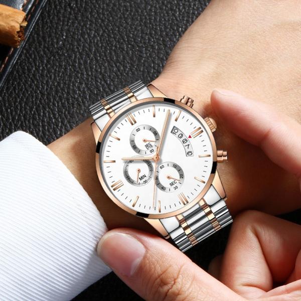 3 Atm Waterproof Mens Quartz Watch Lack Stainless Steel Band Chrono Customized