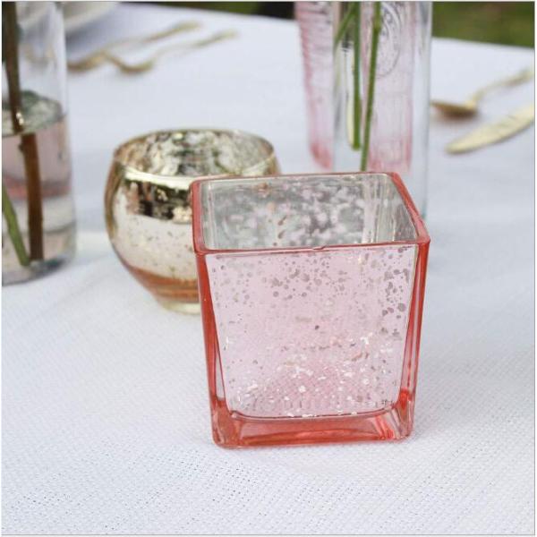 Speckled pink rose gold square tube shape Mercury Glass Votive Candle Holder