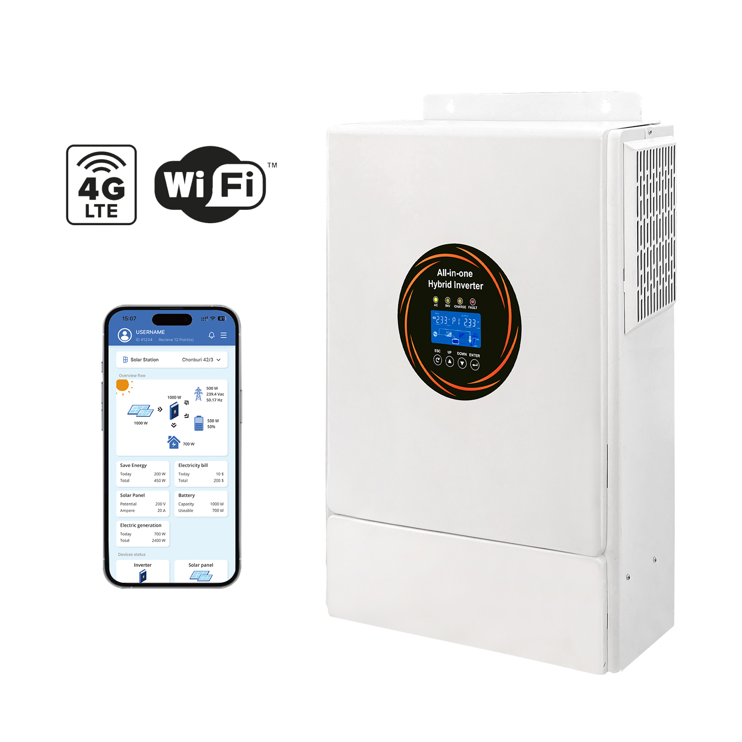 6KW All In One Hybrid Solar Inverter Pure Sine Wave MPPT Controller Support Battery-Free Operation