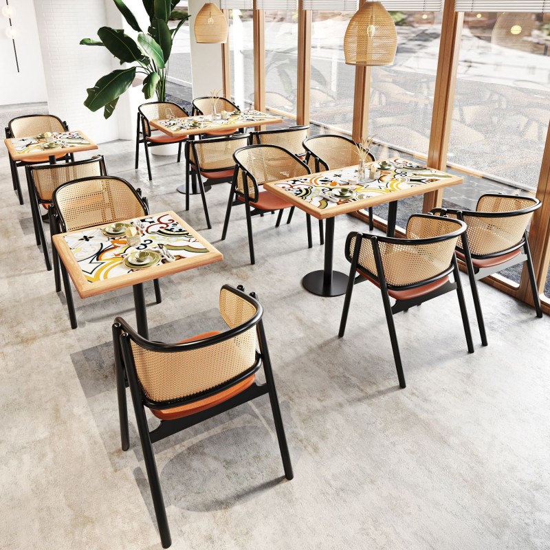 High Quality Modern Wood Seat Rattan Dining Chair,table and Booth Furniture for Restaurant