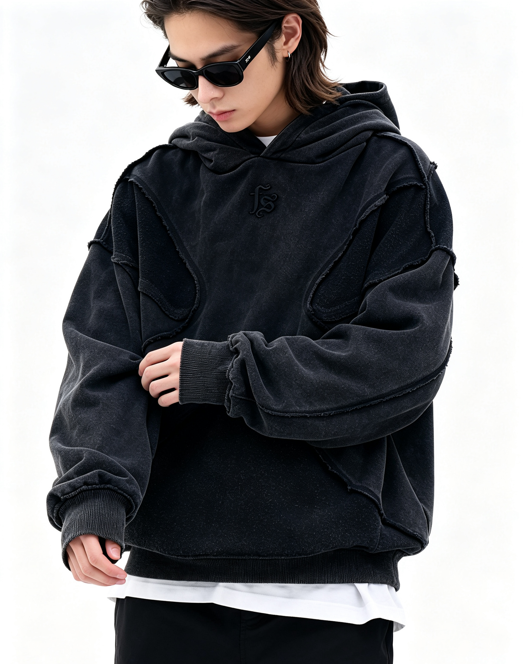 500G 100% Cotton Raw Edge Spliced Hoodie, Oversized Drop Shoulder Vintage Streetwear Pullover Hooded Sweatshirt for Bulk Wholesale