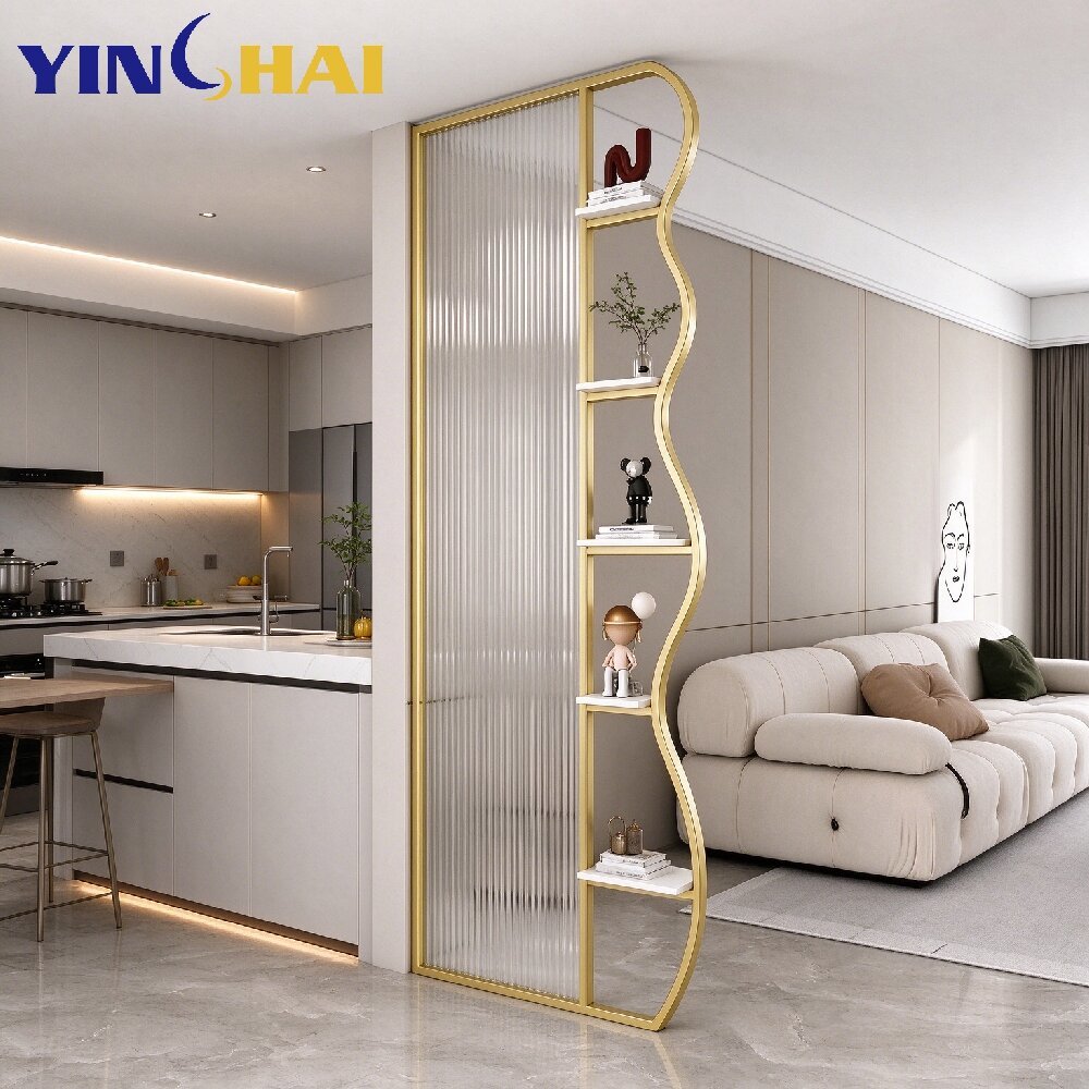 Stainless Steel Wave Shape Display Shelf Room Dividers With Fluted Tempered Glass