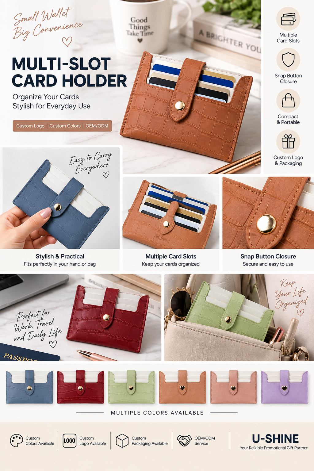 Custom PU Leather Multi-Slot Card Holder Wallet with Snap Closure