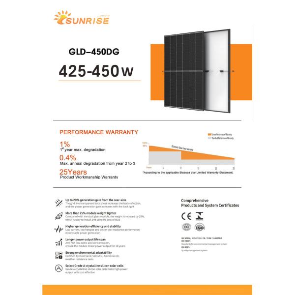 IP68 Rated Junction Box Monocrystalline Module GLD-450DG for Solar Energy System