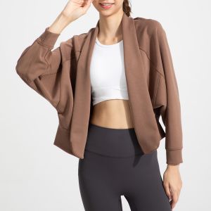 Oversized Batwing Sleeve Open Front Cropped Cardigan for Women Soft Stretchy Yoga & Casual Wear in Mocha Brown