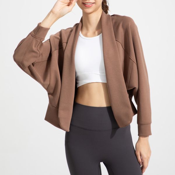 Oversized Batwing Sleeve Open Front Cropped Cardigan for Women Soft Stretchy Yoga & Casual Wear in Mocha Brown