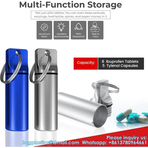 Aluminum Metal Pill Box Case Organizer With Keychain - Outdoor Medicine Bottle Key Ring Small First Aid Drug Holder