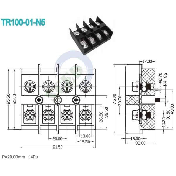 600V 100A High Current Terminal Blocks 20.00mm Copper Right Angle Wire Terminals