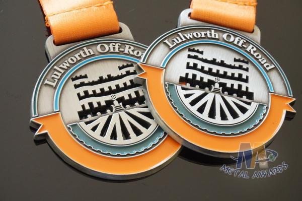 Cut Out And Color Filled Metal Award Medals Antique Plating Satin Ribbon