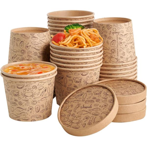 Eco Friendly Recyclable Custom Logo Takeout Round Kraft Paper Salad Noodle Pasta Risotto Lunch Cup Bowl With Lid