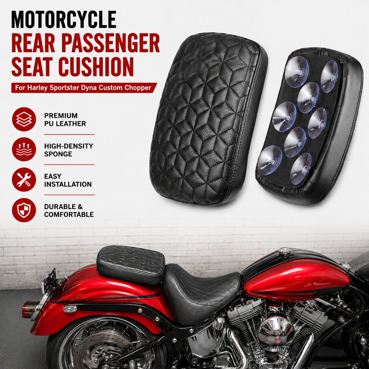 Motorcycle Seat, Black Retro Rear Seat Cushion, Rear Passenger Cushion Seat, 8 Suction Cups, Suitable for Harley Sportster Dyna Custom Chopper