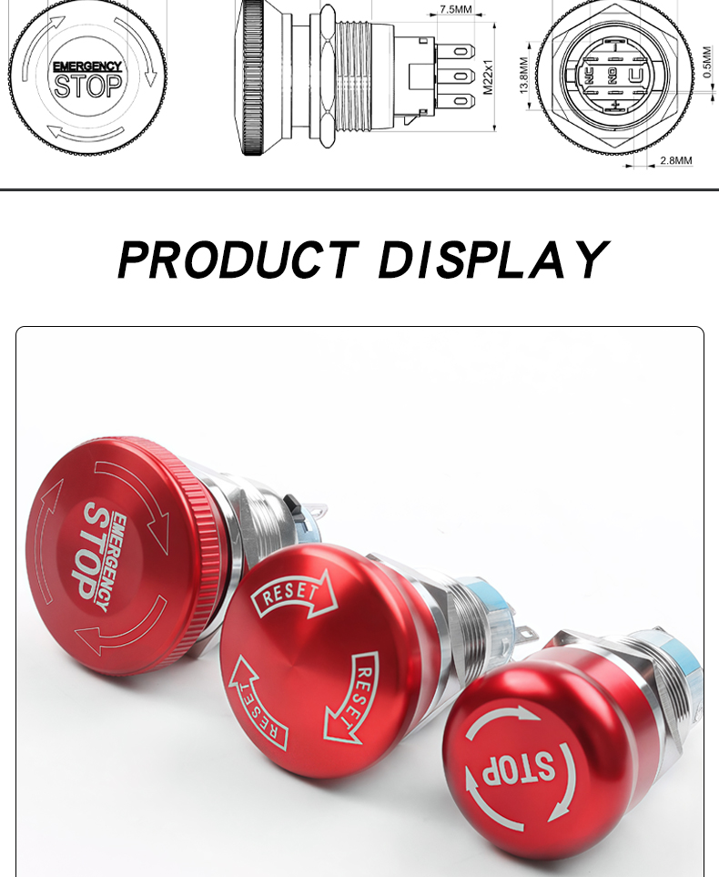 16/19/22MM Waterproof Stainless Steel Mushroom Head Switch Explosion-Proof Emergency Stop Power Button IP65 Level 220V Control