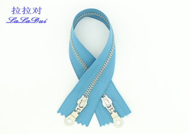 Close End Metal Two Way Head To Head Zipper , Shiny Silver Teeth Double Coil Zipper
