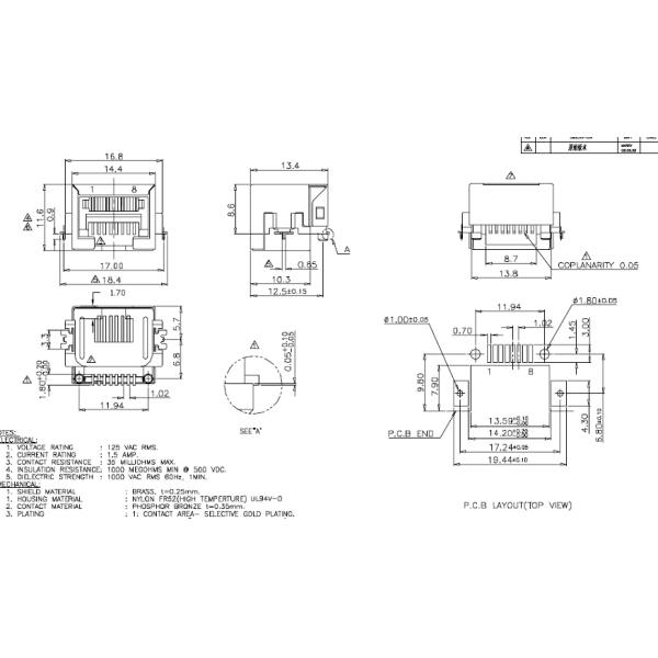 90 Degree Rj45 Connector / RJ11 RJ45 Jack Modular Connector With Sinking Plate
