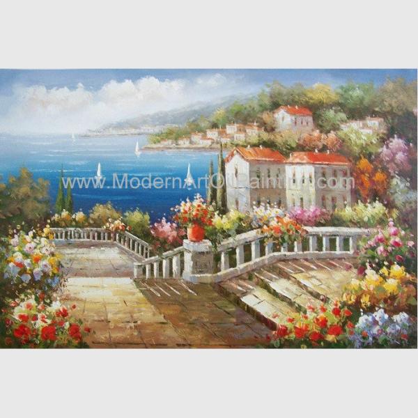 Mediterranean Seascape Paintings , Contemporary Coastal Canvas Wall Art