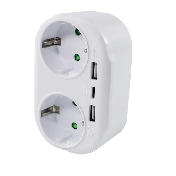 EU Power Plug Adapter with 2 AC Outlets and 3 USB Ports 250V 10A