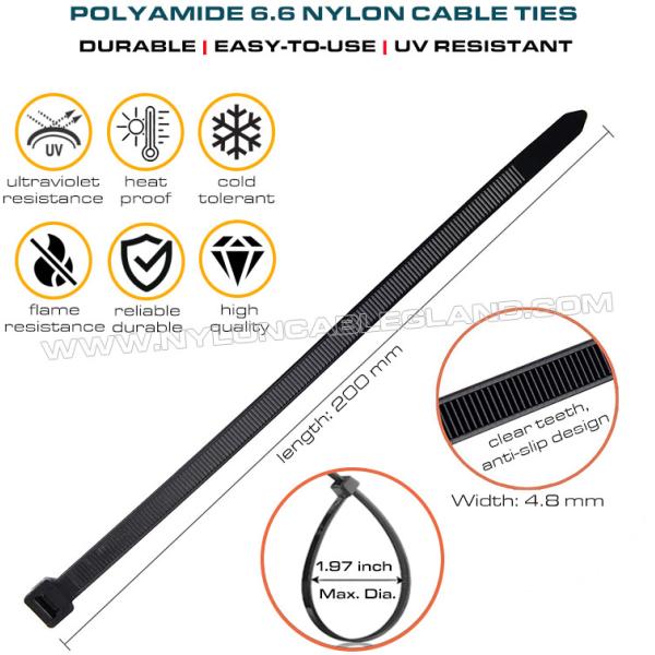 UV Resistant Black Polyamide 6.6 Cable Tie Plastic Zip Tie 200mm x 4.8 (22kgs, 50lbs) for high UV Environments