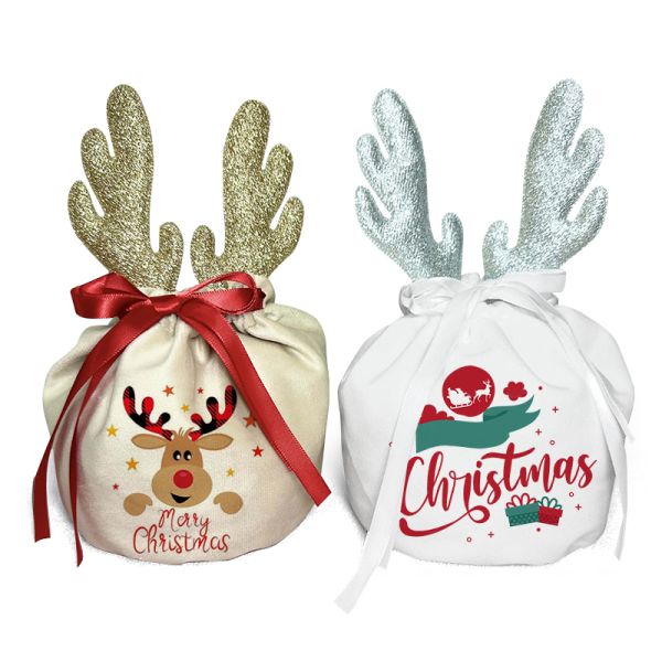 Customized DIY Drawstring Velet Sublimation Blank Christmas Gift Bags With Deer Ear Reusable Pouch For Candy
