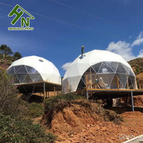 White PVC Cover Steel Frame Geodesic Dome Tent With Bathroom Diameter 6m