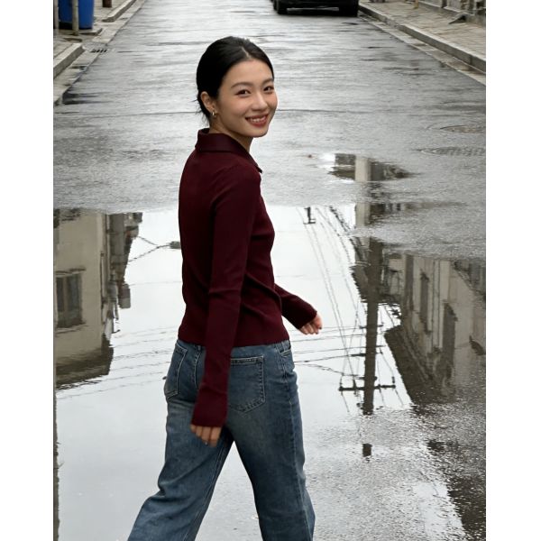 Vintage Burgundy Polo Collar Ribbed Knit Cardigan - Versatile Long Sleeve Button-Up for Casual & Office Chic
