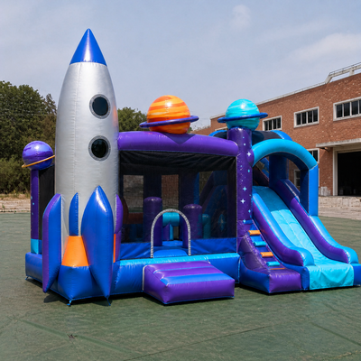 Commercial Cosmic Rocket Inflatable Bouncer Slide with Space Decorations Safety Mesh and Soft Landing Area