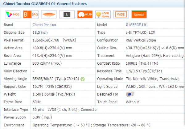 1366*768 High Brightness LCD Panel 18.5 Inch G185BGE-L01 300 cd/m2 Luminance