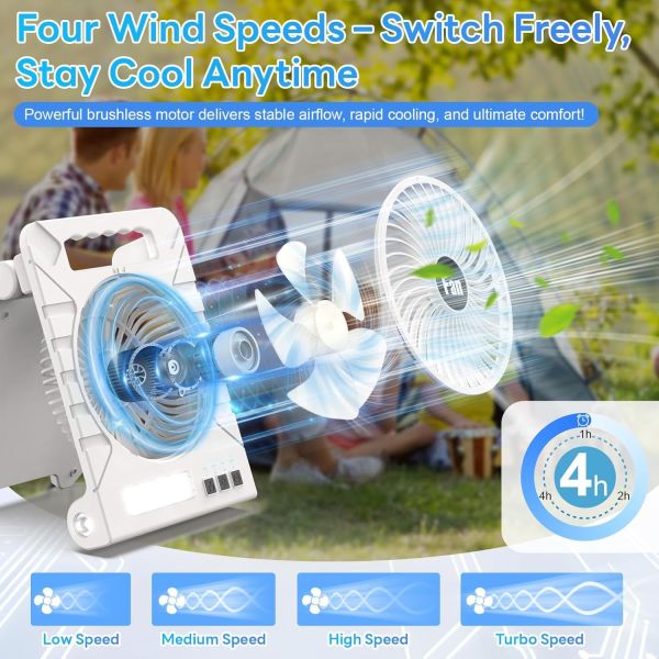 Outdoor All-Rounder,Solar/USB-C Dual Charging ,Four-Speed Camping Fan Light (with Emergency Power Supply)