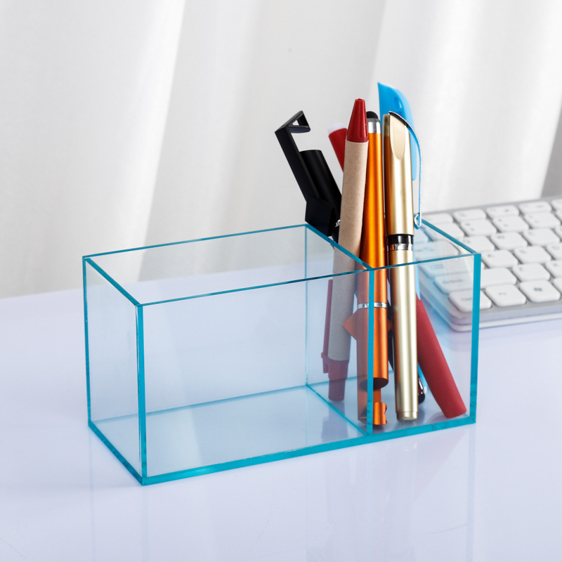 2 Grid Acrylic Pen Holder Transparent Rectangle Stationery Storage Box for Desktop Organization and Debris Sorting